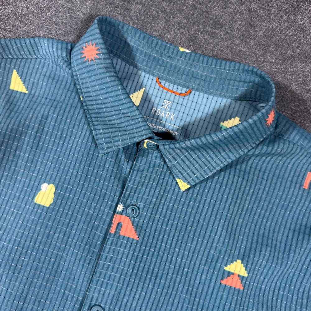 Roark Bless Up Shirt Button Up Men XL Blue Geometric Perforated Breathable Hike